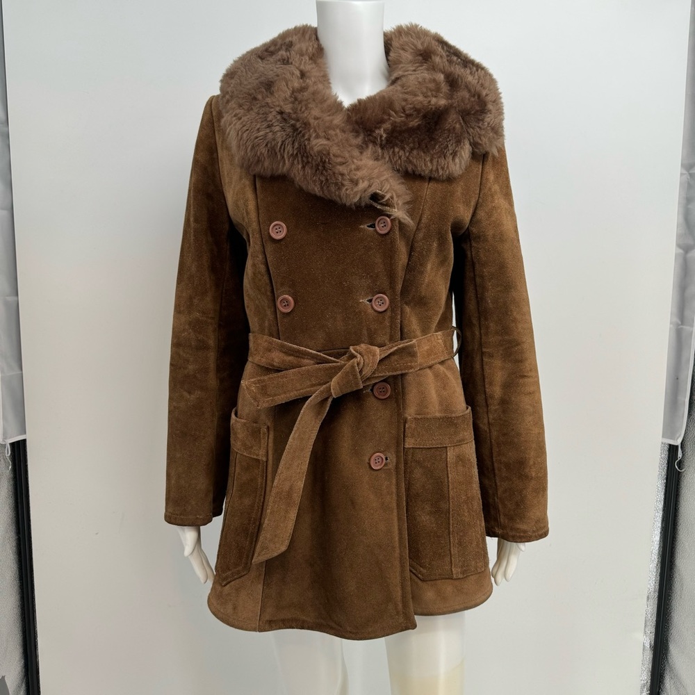 VTG Juan Sebastian Trenchcoat Wmns S/M Suede Leather Brown Belted Shawl Collar